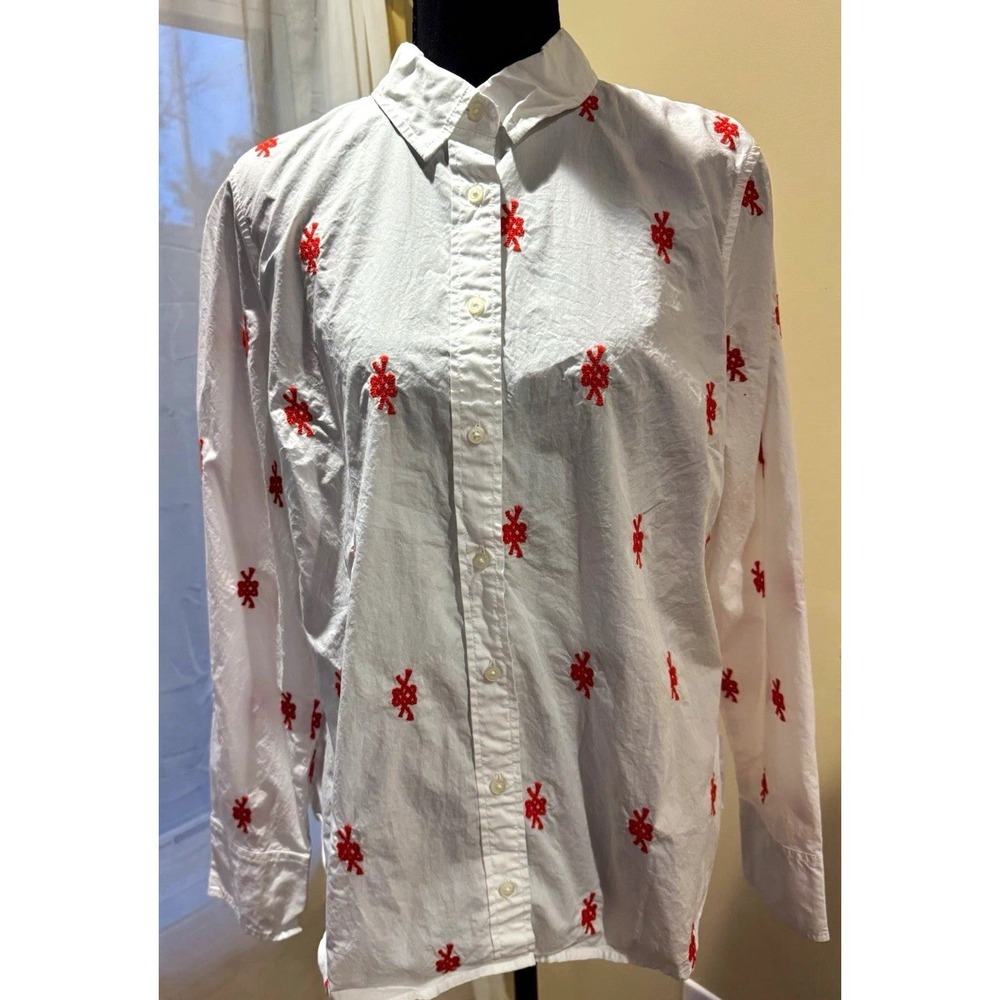 J.CREW Slim Fit White Button-Up Shirt Embroidered Red Bow Print Long Sleeve 12